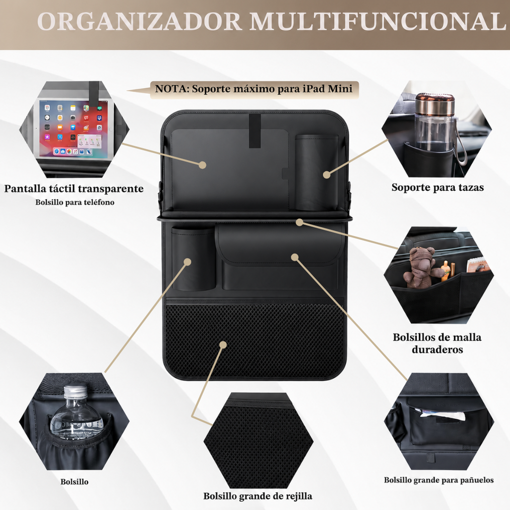 Organizador Multifunción para Asiento Trasero con Bandeja Plegable